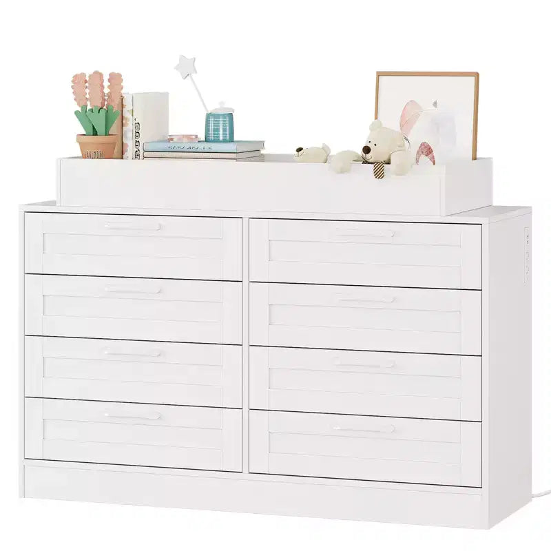 White Changing Table Dresser with 8 Wood Drawers, Classic Nursery Dresser, Multi-Functional Diaper Changing Station, Dresser for Bedroom (No Pad)
