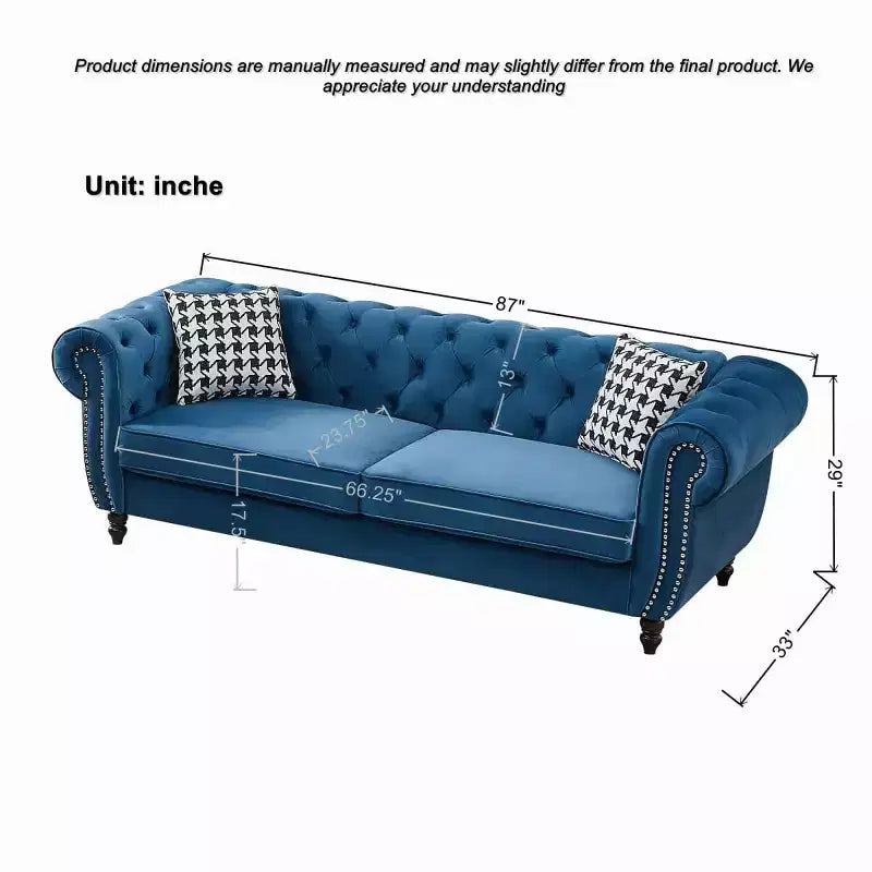 Mid-Century 3-Seater Chesterfield Sofa with Nailhead Trim, Rolled Arms and Wood Frame, Velvet