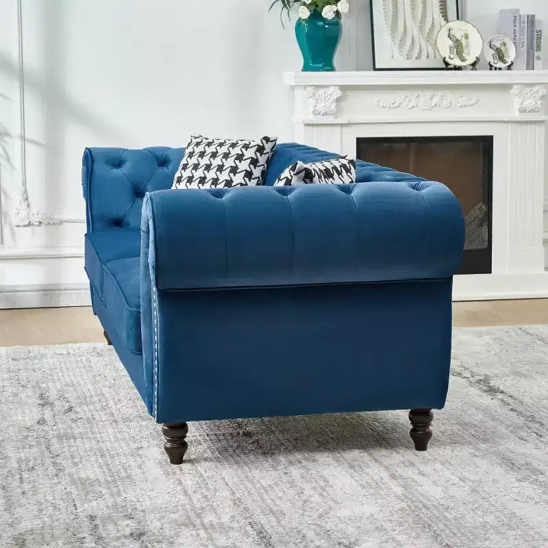 Mid-Century 3-Seater Chesterfield Sofa with Nailhead Trim, Rolled Arms and Wood Frame, Velvet