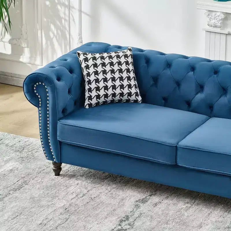 Mid-Century 3-Seater Chesterfield Sofa with Nailhead Trim, Rolled Arms and Wood Frame, Velvet