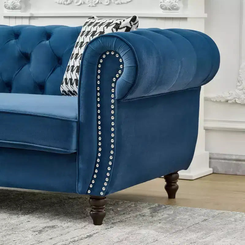 Mid-Century 3-Seater Chesterfield Sofa with Nailhead Trim, Rolled Arms and Wood Frame, Velvet