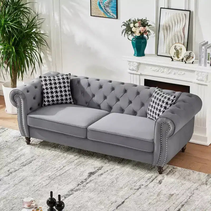 Mid-Century 3-Seater Chesterfield Sofa with Nailhead Trim, Rolled Arms and Wood Frame, Velvet