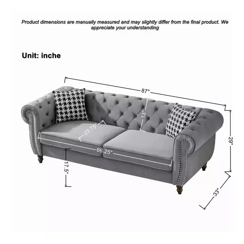 Mid-Century 3-Seater Chesterfield Sofa with Nailhead Trim, Rolled Arms and Wood Frame, Velvet