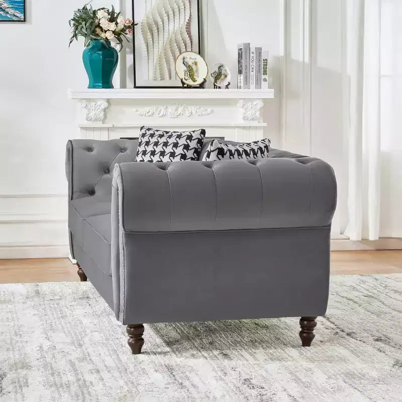 Mid-Century 3-Seater Chesterfield Sofa with Nailhead Trim, Rolled Arms and Wood Frame, Velvet