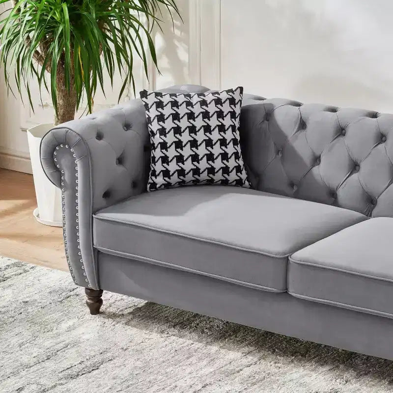 Mid-Century 3-Seater Chesterfield Sofa with Nailhead Trim, Rolled Arms and Wood Frame, Velvet