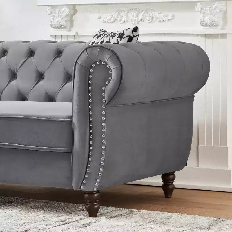 Mid-Century 3-Seater Chesterfield Sofa with Nailhead Trim, Rolled Arms and Wood Frame, Velvet
