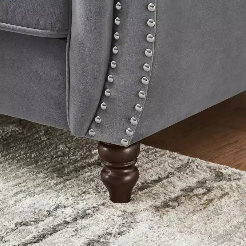 Mid-Century 3-Seater Chesterfield Sofa with Nailhead Trim, Rolled Arms and Wood Frame, Velvet