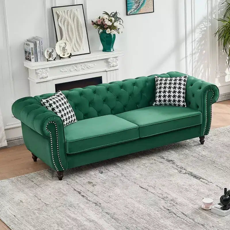 Mid-Century 3-Seater Chesterfield Sofa with Nailhead Trim, Rolled Arms and Wood Frame, Velvet