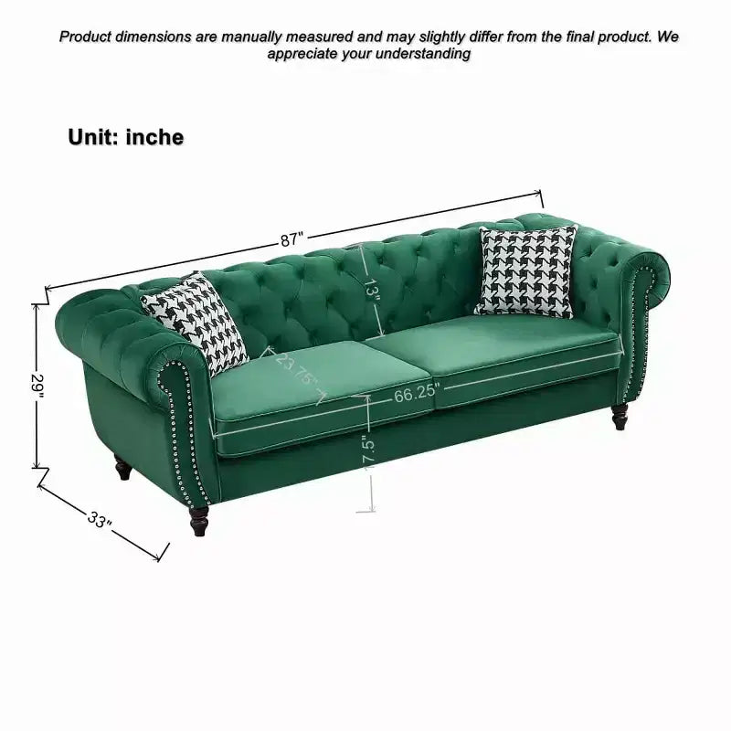 Mid-Century 3-Seater Chesterfield Sofa with Nailhead Trim, Rolled Arms and Wood Frame, Velvet