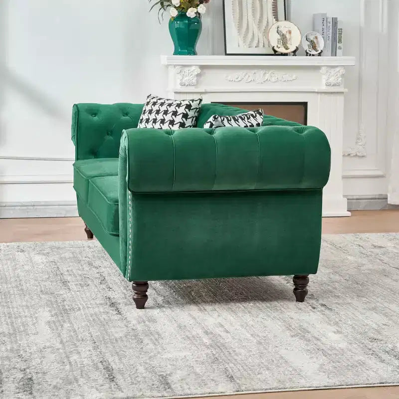Mid-Century 3-Seater Chesterfield Sofa with Nailhead Trim, Rolled Arms and Wood Frame, Velvet