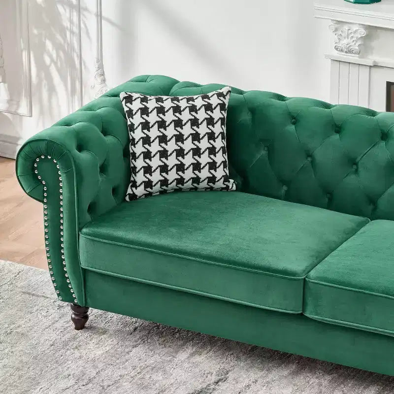 Mid-Century 3-Seater Chesterfield Sofa with Nailhead Trim, Rolled Arms and Wood Frame, Velvet