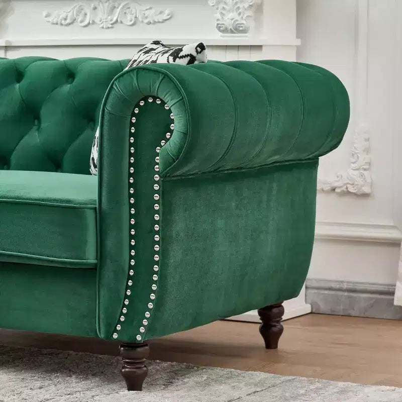 Mid-Century 3-Seater Chesterfield Sofa with Nailhead Trim, Rolled Arms and Wood Frame, Velvet