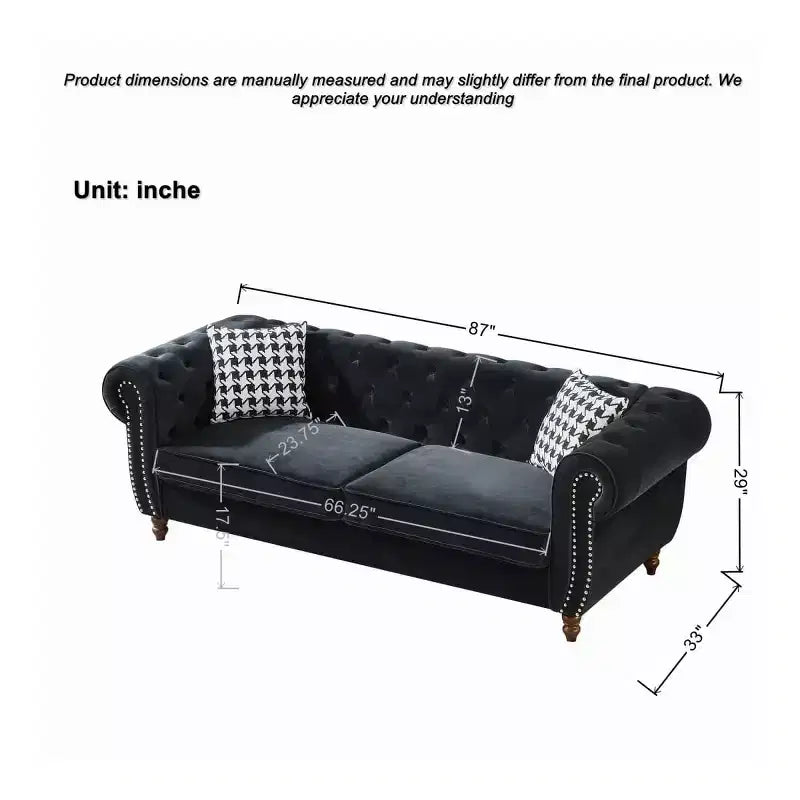 Mid-Century 3-Seater Chesterfield Sofa with Nailhead Trim, Rolled Arms and Wood Frame, Velvet