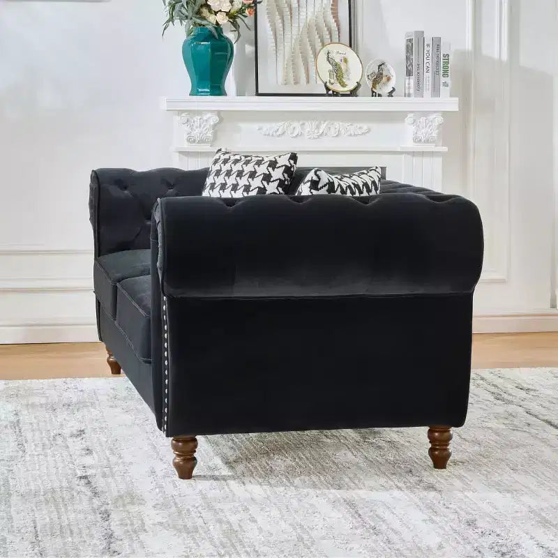 Mid-Century 3-Seater Chesterfield Sofa with Nailhead Trim, Rolled Arms and Wood Frame, Velvet