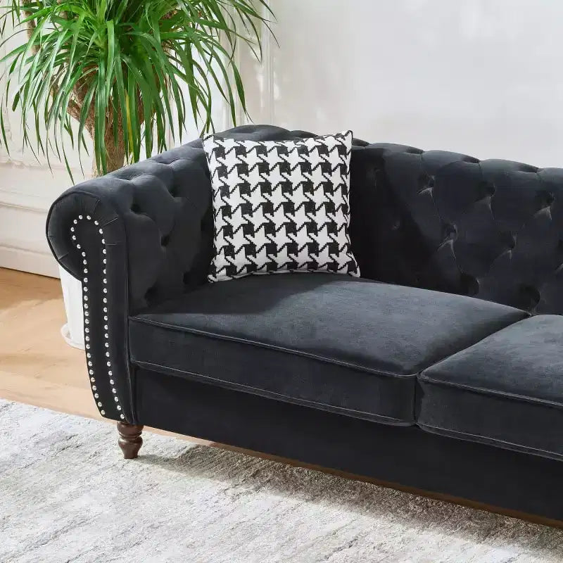 Mid-Century 3-Seater Chesterfield Sofa with Nailhead Trim, Rolled Arms and Wood Frame, Velvet