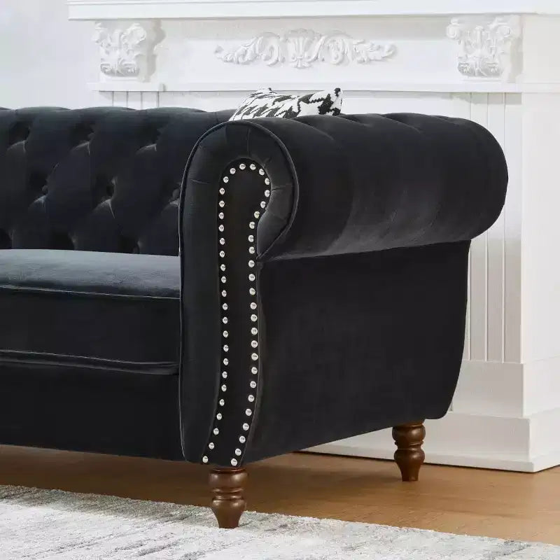 Mid-Century 3-Seater Chesterfield Sofa with Nailhead Trim, Rolled Arms and Wood Frame, Velvet
