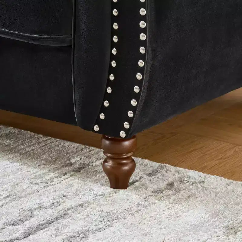 Mid-Century 3-Seater Chesterfield Sofa with Nailhead Trim, Rolled Arms and Wood Frame, Velvet