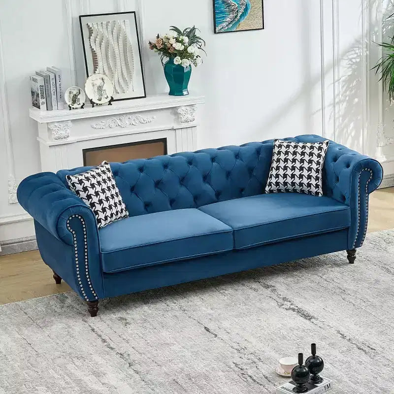Mid-Century 3-Seater Chesterfield Sofa with Nailhead Trim, Rolled Arms and Wood Frame, Velvet