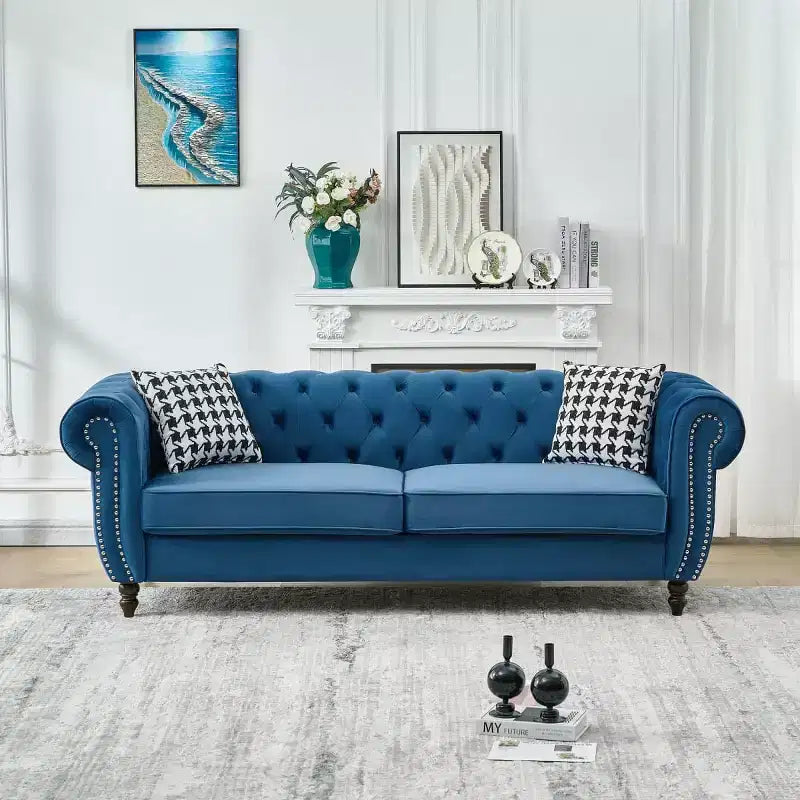 Mid-Century 3-Seater Chesterfield Sofa with Nailhead Trim, Rolled Arms and Wood Frame, Velvet