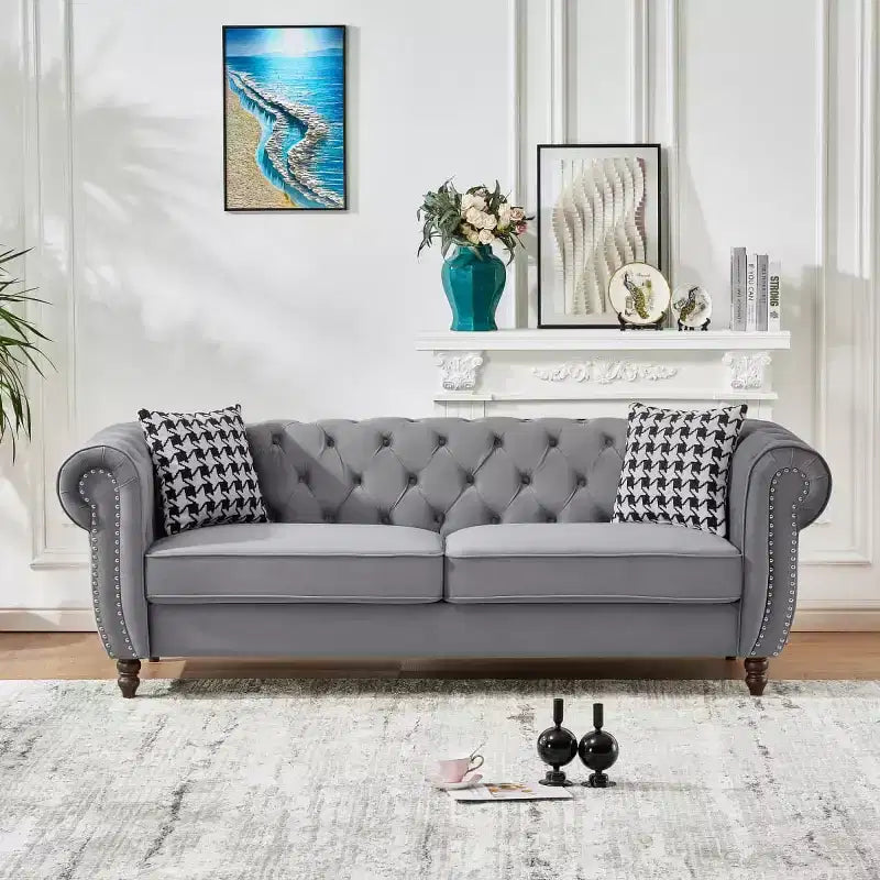 Mid-Century 3-Seater Chesterfield Sofa with Nailhead Trim, Rolled Arms and Wood Frame, Velvet