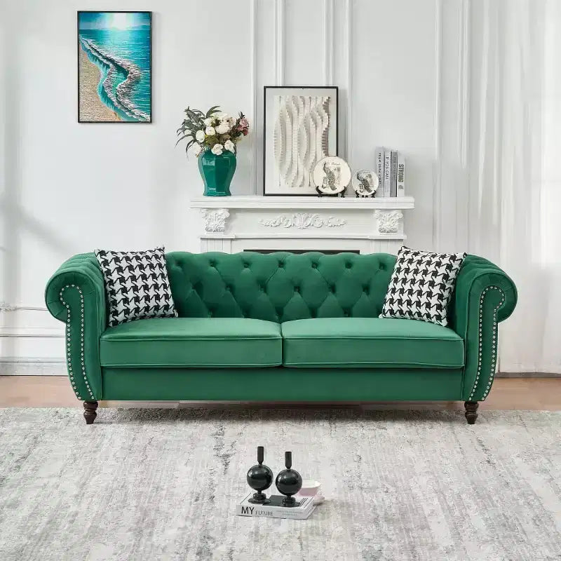 Mid-Century 3-Seater Chesterfield Sofa with Nailhead Trim, Rolled Arms and Wood Frame, Velvet