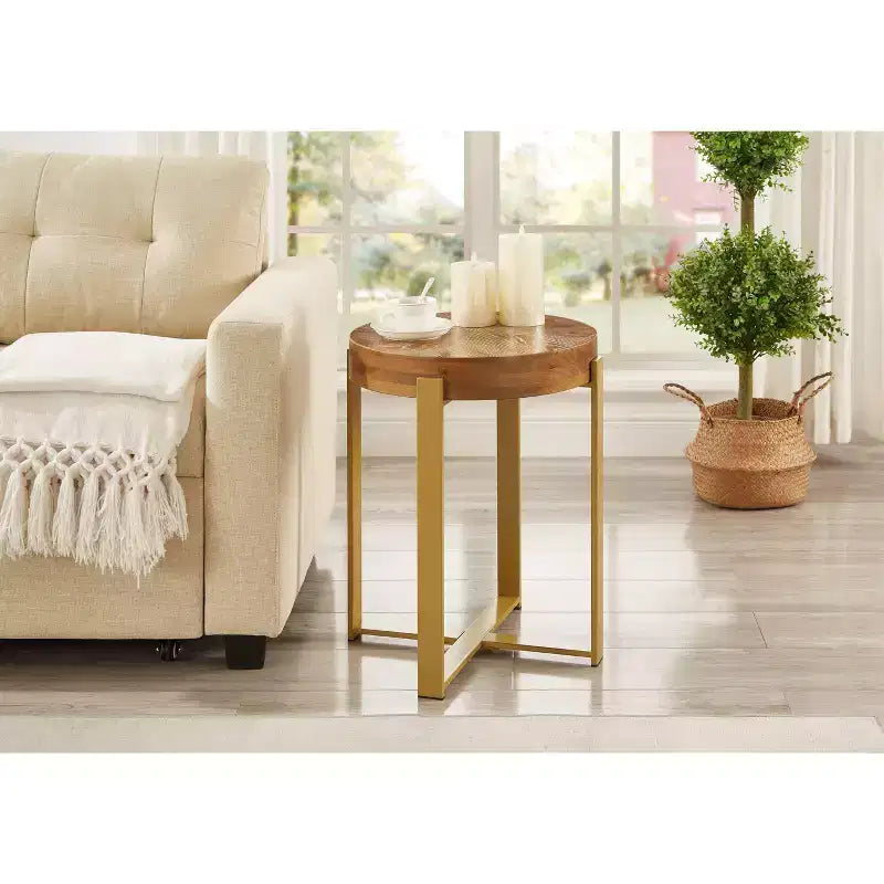16 Rustic Farmhouse Round Wood End Table with Metal Leg