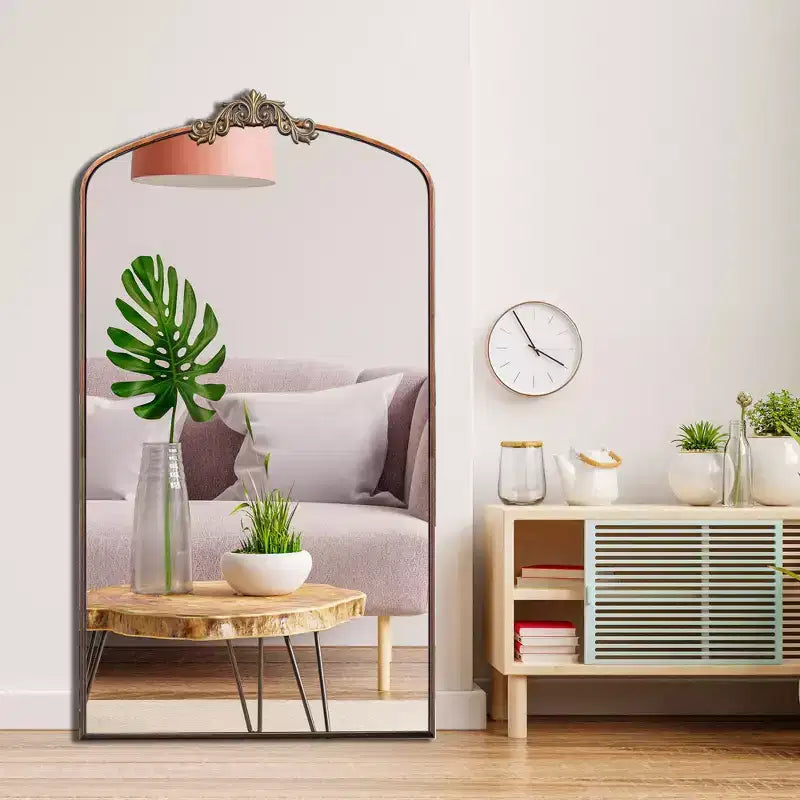 Modern Vintage Full Length Mirror with Ornate Arch, Beige