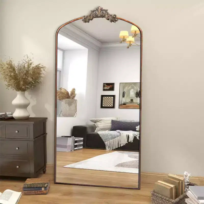 Modern Vintage Full Length Mirror with Ornate Arch, Beige
