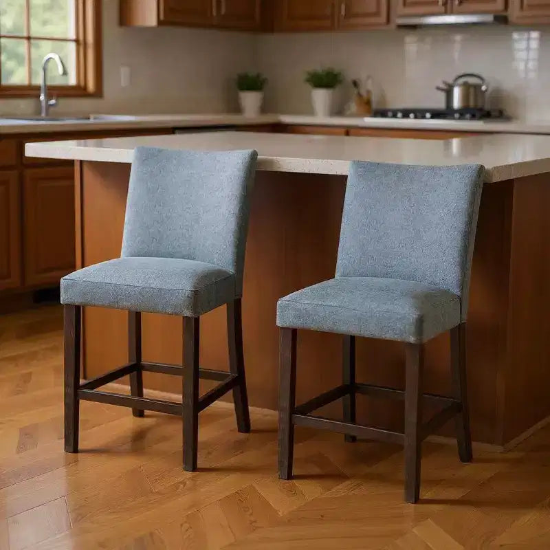 Set of Two 25 Inch Gray and Espresso Fabric and Solid Wood Counter Height Bar Chairs