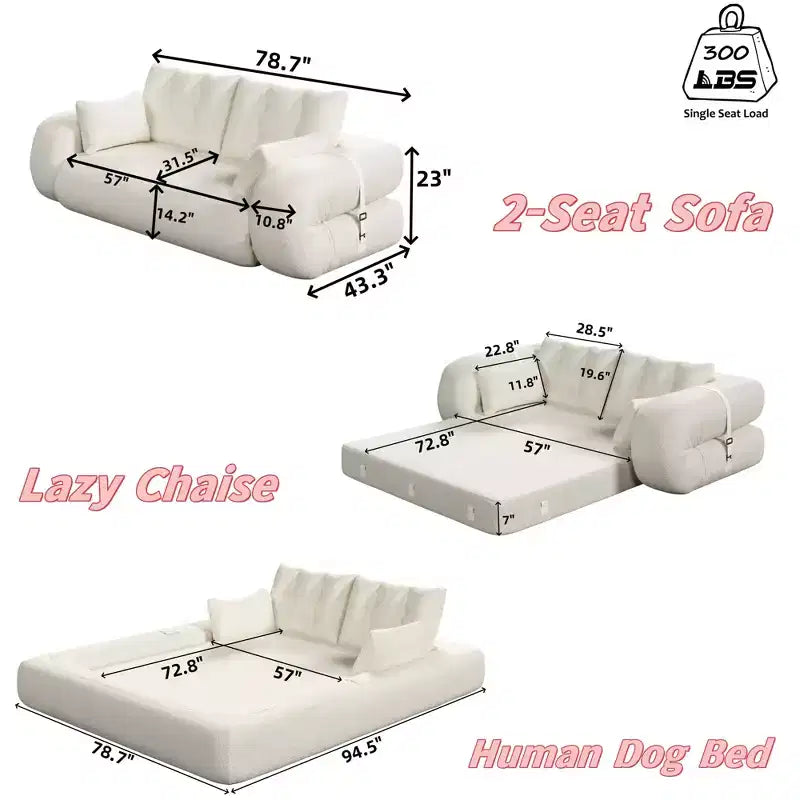 78.7 Inch Multifunctional Foldable Sofa Bed, 3-in-1 Teddy Fabric Foam Filled, Beige