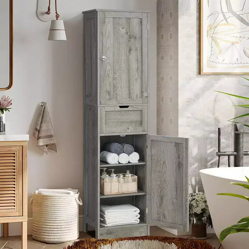 Tall Bathroom Cabinet with Adjustable Shelves & 1 Drawer, Storage Cabinet with 2 Doors, Narrow Tall Cabinet, Floor Cabinet for Bathroom, Grey
