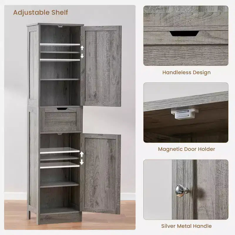 Tall Bathroom Cabinet with Adjustable Shelves & 1 Drawer, Storage Cabinet with 2 Doors, Narrow Tall Cabinet, Floor Cabinet for Bathroom, Grey