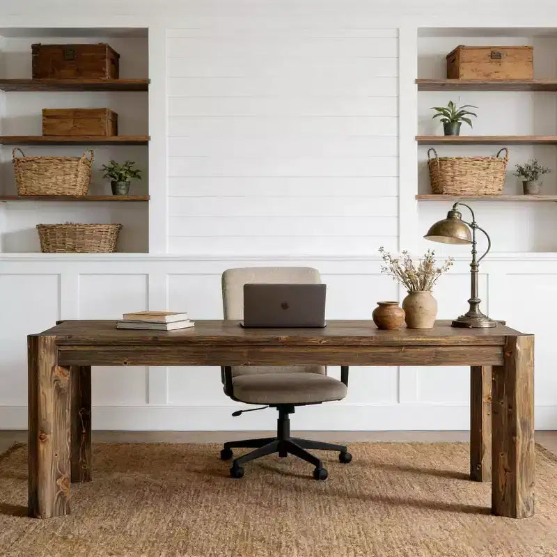 63 Inch Solid Wood Executive Desk, Farmhouse Large Computer Desk, Home Office Workstation