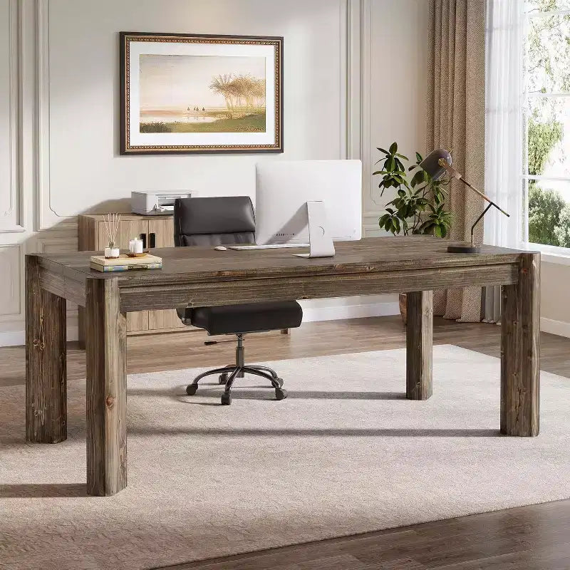 63 Inch Solid Wood Executive Desk, Farmhouse Large Computer Desk, Home Office Workstation