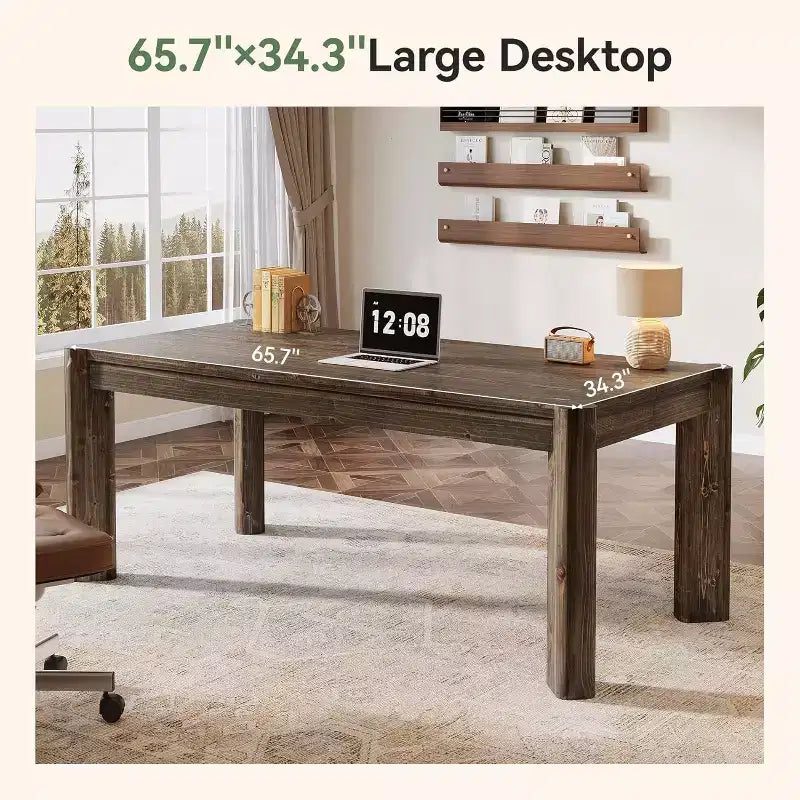 63 Inch Solid Wood Executive Desk, Farmhouse Large Computer Desk, Home Office Workstation