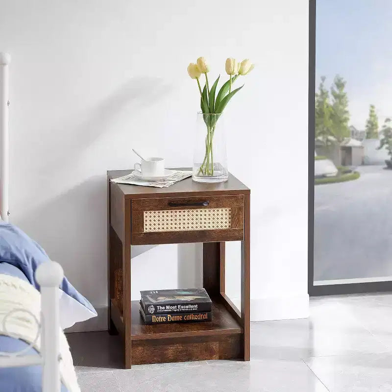 Black Rattan Nightstand with Drawer 15.75 Inch Modern Side Table for Bedroom & Living Room