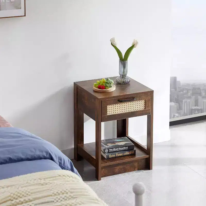 Black Rattan Nightstand with Drawer 15.75 Inch Modern Side Table for Bedroom & Living Room