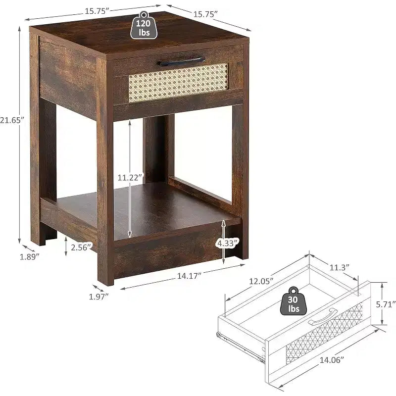 Black Rattan Nightstand with Drawer 15.75 Inch Modern Side Table for Bedroom & Living Room