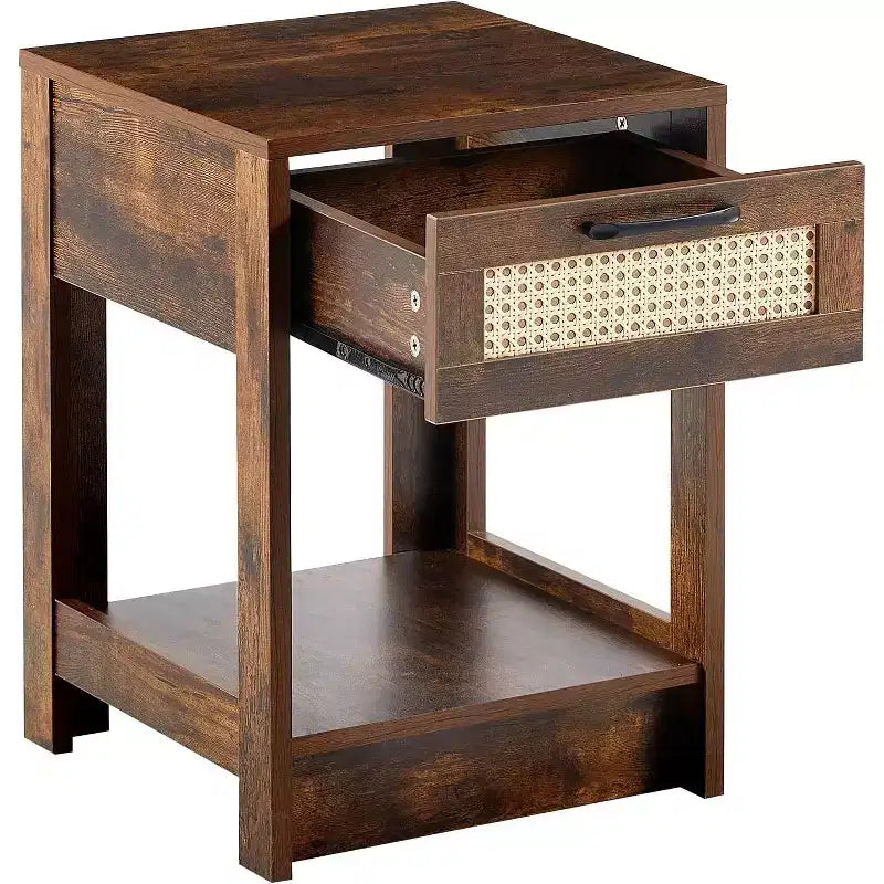 Black Rattan Nightstand with Drawer 15.75 Inch Modern Side Table for Bedroom & Living Room