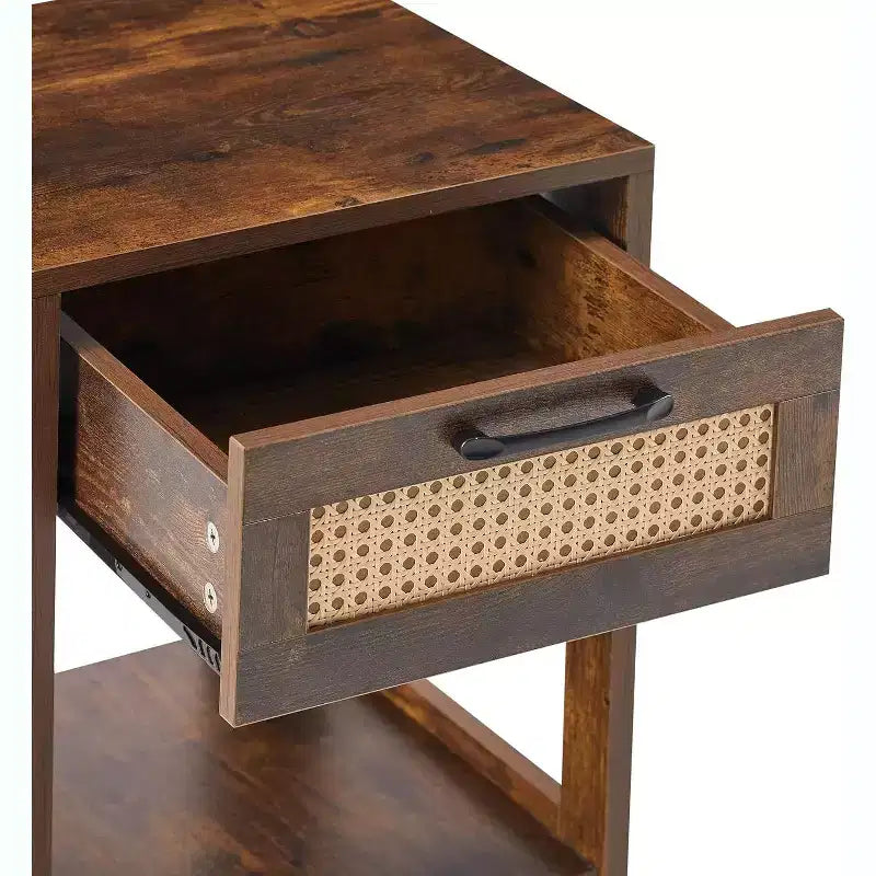 Black Rattan Nightstand with Drawer 15.75 Inch Modern Side Table for Bedroom & Living Room