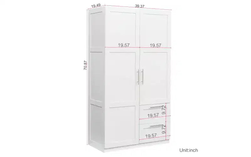 71 H Armoire Wardrobe Closet For Bedroom, Freestanding Armoire Storage Cabinet With 2 Doors, Modern Wardrobe Cabinet With 3 Shelves White