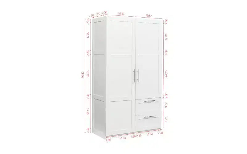 71 H Armoire Wardrobe Closet For Bedroom, Freestanding Armoire Storage Cabinet With 2 Doors, Modern Wardrobe Cabinet With 3 Shelves White
