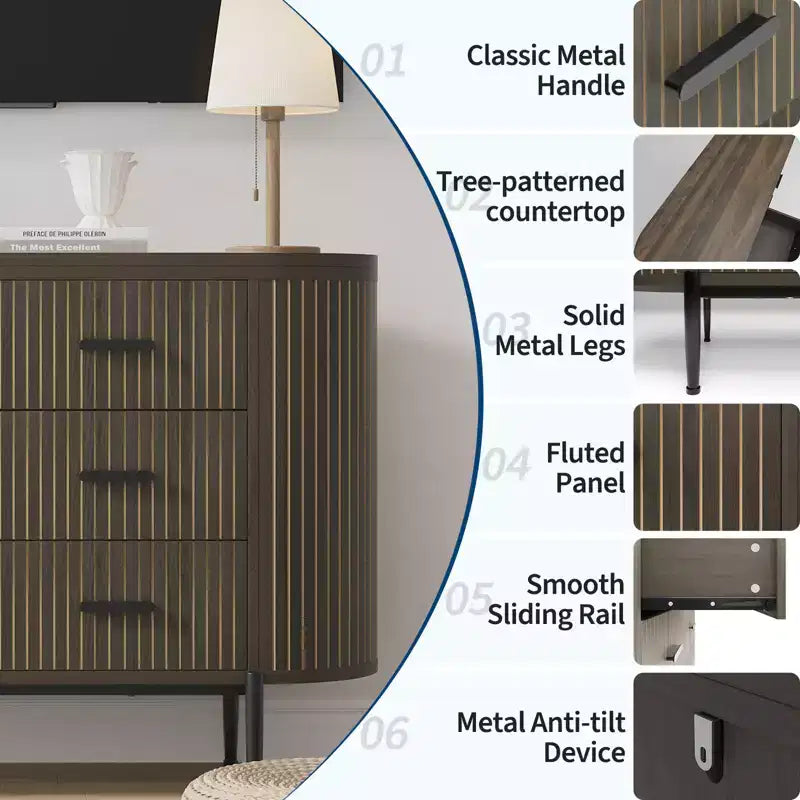 6 Drawer Dresser for Bedroom, 47W Wood Chest of Drawers with Faux Marble Top, Fluted Dresser TV Stand, Clothes Storage Organizer for Bedroom