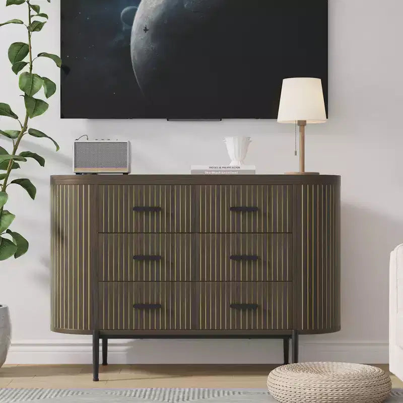6 Drawer Dresser for Bedroom, 47W Wood Chest of Drawers with Faux Marble Top, Fluted Dresser TV Stand, Clothes Storage Organizer for Bedroom
