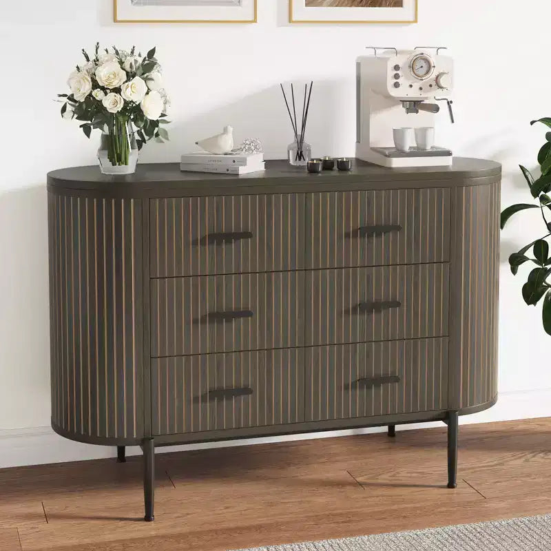 6 Drawer Dresser for Bedroom, 47W Wood Chest of Drawers with Faux Marble Top, Fluted Dresser TV Stand, Clothes Storage Organizer for Bedroom