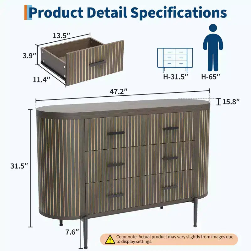 6 Drawer Dresser for Bedroom, 47W Wood Chest of Drawers with Faux Marble Top, Fluted Dresser TV Stand, Clothes Storage Organizer for Bedroom