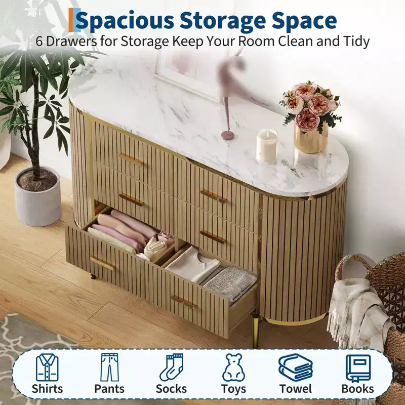 6 Drawer Dresser for Bedroom, 47W Wood Chest of Drawers with Faux Marble Top, Fluted Dresser TV Stand, Clothes Storage Organizer for Bedroom