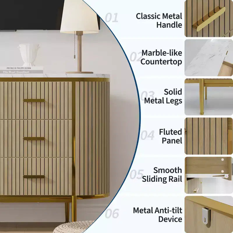 6 Drawer Dresser for Bedroom, 47W Wood Chest of Drawers with Faux Marble Top, Fluted Dresser TV Stand, Clothes Storage Organizer for Bedroom