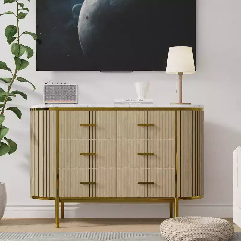 6 Drawer Dresser for Bedroom, 47W Wood Chest of Drawers with Faux Marble Top, Fluted Dresser TV Stand, Clothes Storage Organizer for Bedroom