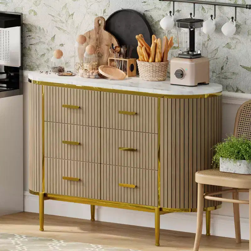 6 Drawer Dresser for Bedroom, 47W Wood Chest of Drawers with Faux Marble Top, Fluted Dresser TV Stand, Clothes Storage Organizer for Bedroom